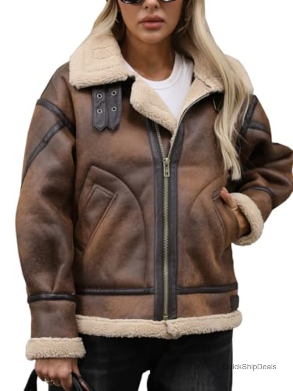 Faux Leather Sherpa Lined Aviator Bomber Jacket